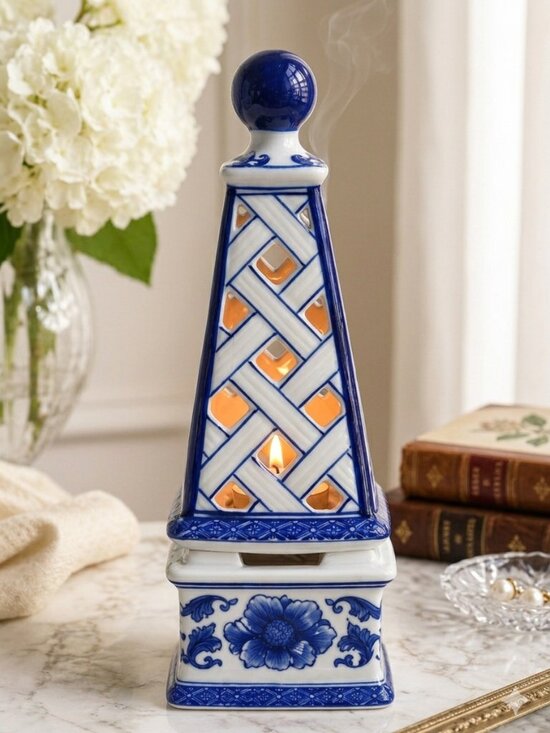 The Bombay Company (Stamped "BOMBAY" on base) Other - Bombay Co Blue White Porcelain Lattice Obelisk Candle Holder 10” NWOT